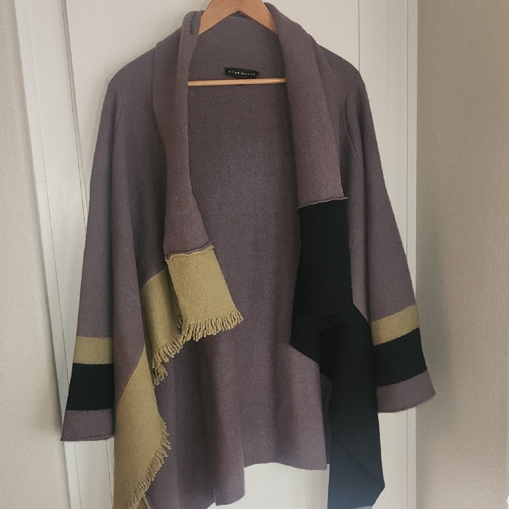 bryn Walker Lavender Shawl Patchwork Olive & Black Trim 100% Wool Size S